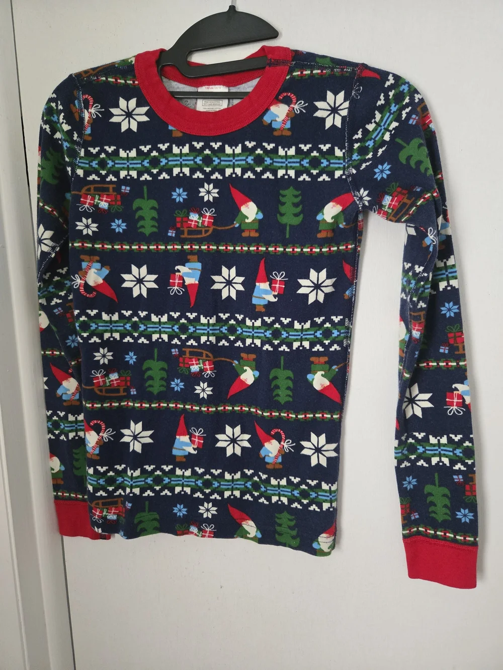 Hanna Andersson Navy Gnome Holiday Pajama Top with Red Trim Kids 12